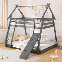 Twin Over Queen House Bunk Bed, Wood Kids Floor Bunk Bed Frame with Climbing Nets & Ramp, Safety Rails for Boys Girls, No Box Spring Needed