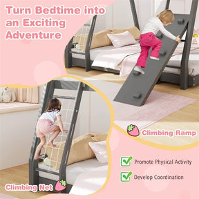 Twin Over Queen House Bunk Bed, Wood Kids Floor Bunk Bed Frame with Climbing Nets & Ramp, Safety Rails for Boys Girls, No Box Spring Needed
