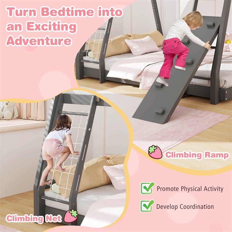 Twin Over Queen House Bunk Bed, Wood Kids Floor Bunk Bed Frame with Climbing Nets & Ramp, Safety Rails for Boys Girls, No Box Spring Needed
