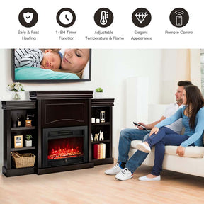 70" Mantel Fireplace TV Stand with 28.5" 750W/1500W Electric Fireplace Insert, Modern Media Fireplace Cabinet Built-in 6 Storage Shelves