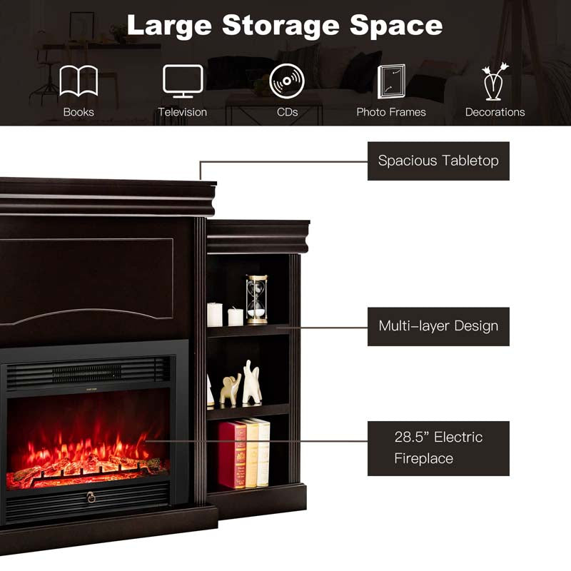 70" Mantel Fireplace TV Stand with 28.5" 750W/1500W Electric Fireplace Insert, Modern Media Fireplace Cabinet Built-in 6 Storage Shelves