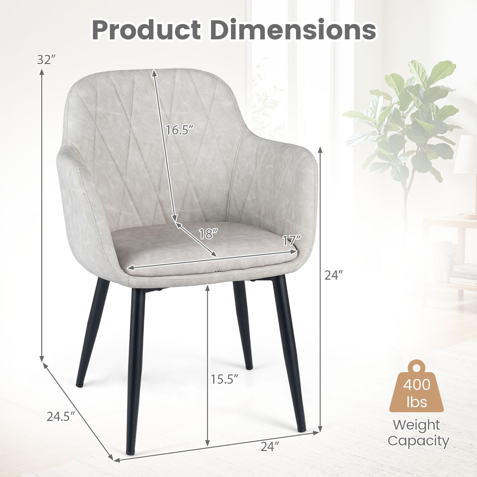 Dining Chairs Set of 2, Upholstered PU Leather Kitchen Chairs with Curved Back & Wide Seat, Mid-Century Accent Side Armchairs for Dining Room, Living Room & Bedroom