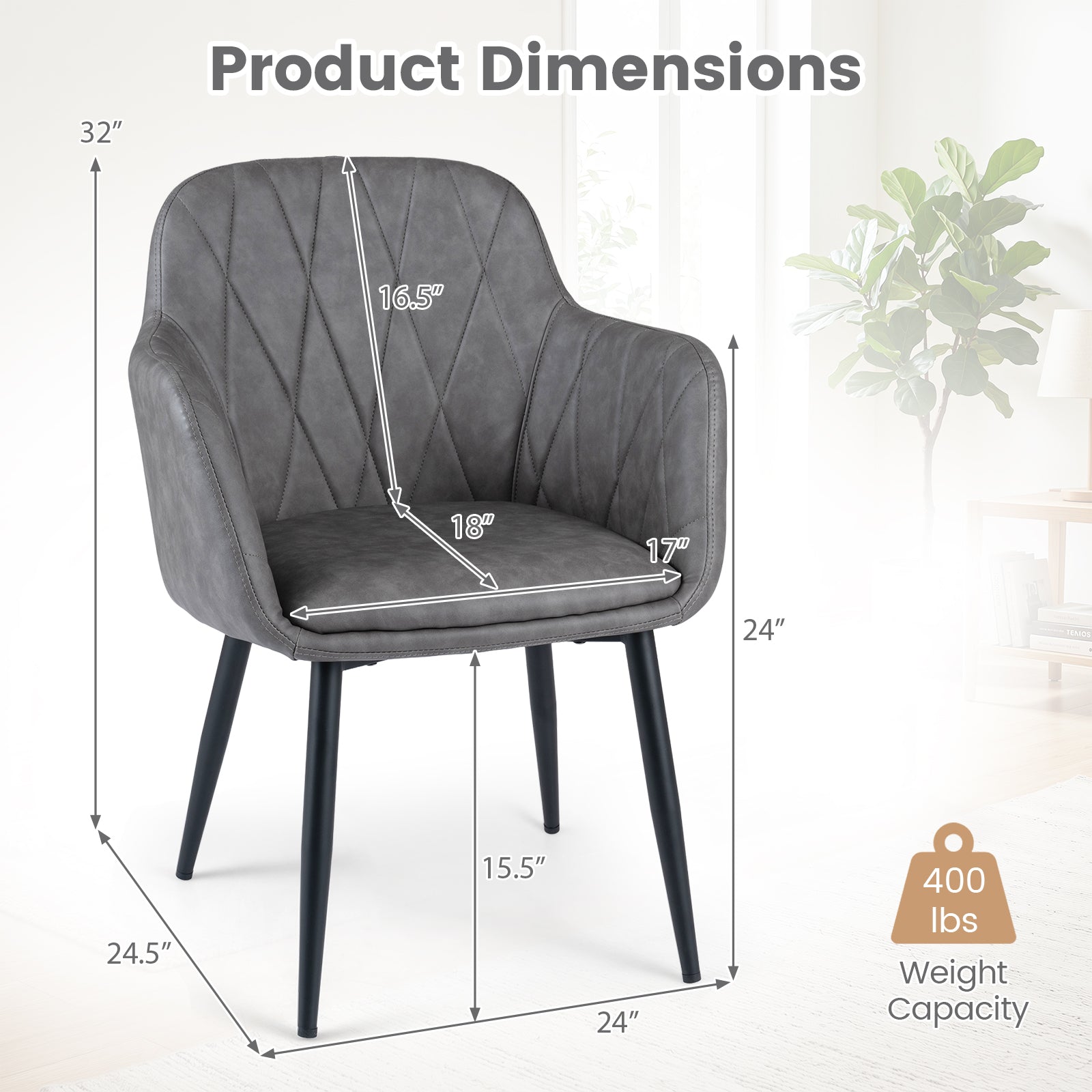 Dining Chairs Set of 2, Upholstered PU Leather Kitchen Chairs with Curved Back & Wide Seat, Mid-Century Accent Side Armchairs for Dining Room, Living Room & Bedroom