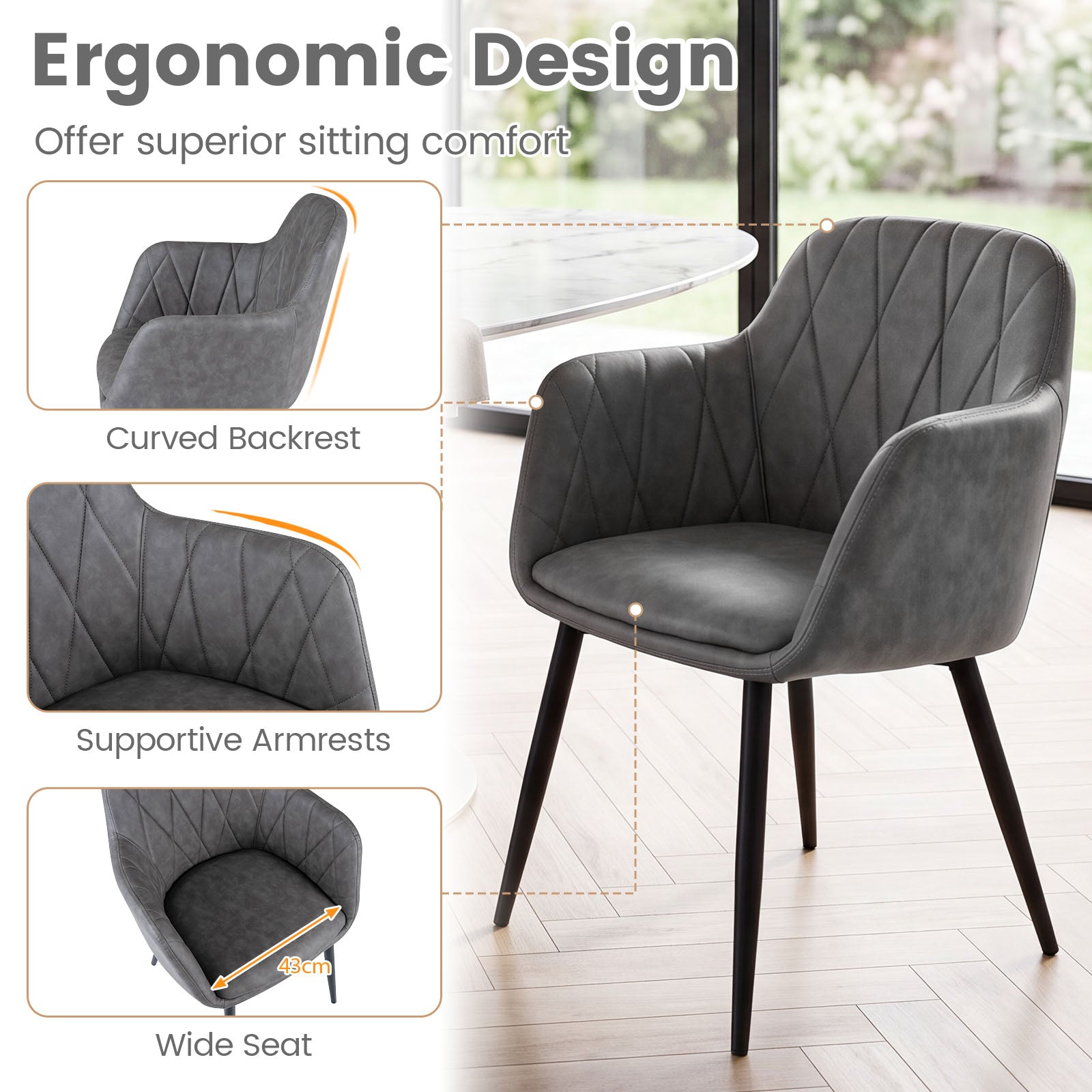 Dining Chairs Set of 2, Upholstered PU Leather Kitchen Chairs with Curved Back & Wide Seat, Mid-Century Accent Side Armchairs for Dining Room, Living Room & Bedroom