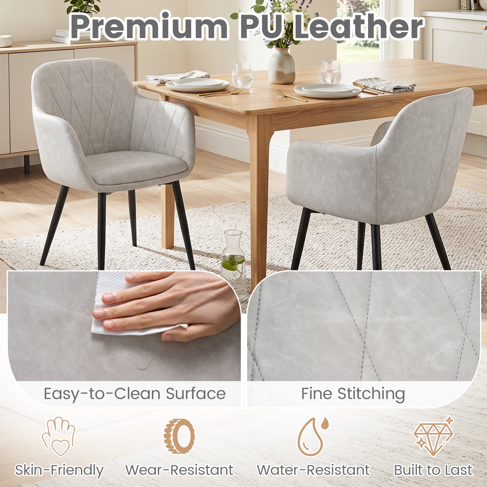Dining Chairs Set of 2, Upholstered PU Leather Kitchen Chairs with Curved Back & Wide Seat, Mid-Century Accent Side Armchairs for Dining Room, Living Room & Bedroom