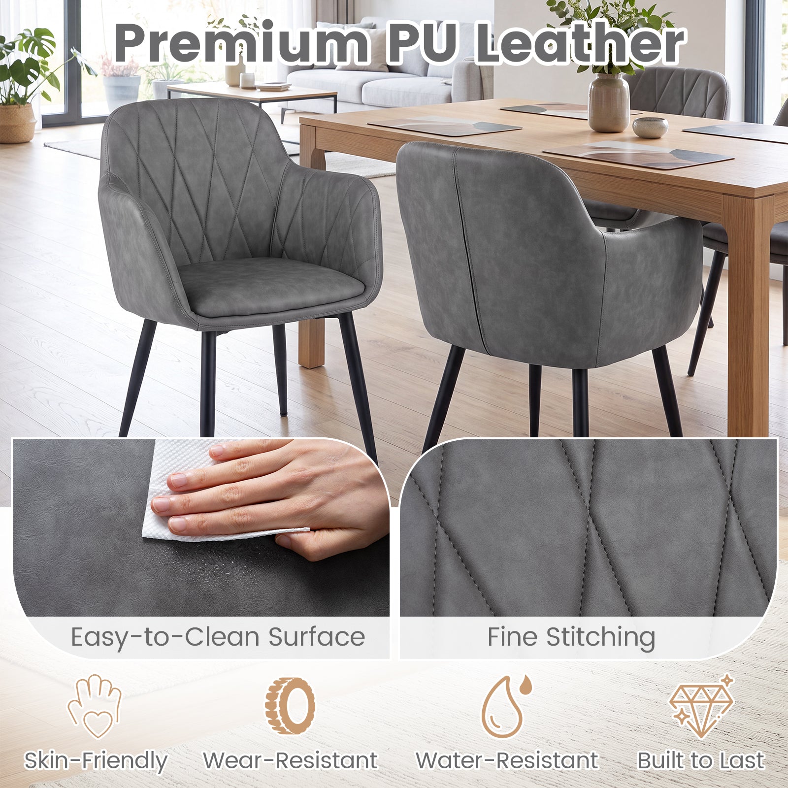 Dining Chairs Set of 2, Upholstered PU Leather Kitchen Chairs with Curved Back & Wide Seat, Mid-Century Accent Side Armchairs for Dining Room, Living Room & Bedroom