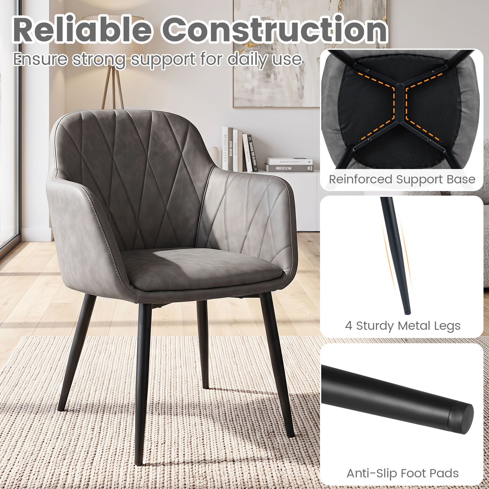 Dining Chairs Set of 2, Upholstered PU Leather Kitchen Chairs with Curved Back & Wide Seat, Mid-Century Accent Side Armchairs for Dining Room, Living Room & Bedroom