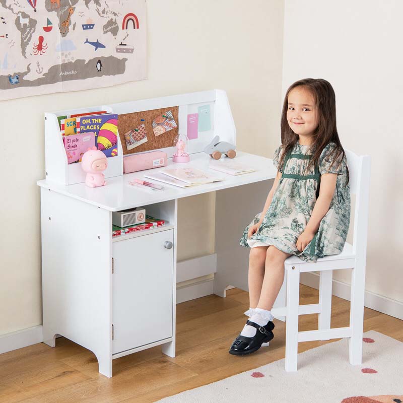 Wooden Kids Study Table and Chair Set with Cork Bulletin Board, Student Computer Workstation Writing Table for Bedroom