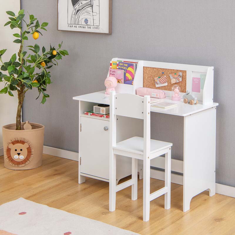 Wooden Kids Study Table and Chair Set with Hutch, Cabinet, Bulletin Board, Student Computer Workstation Writing Table for Bedroom