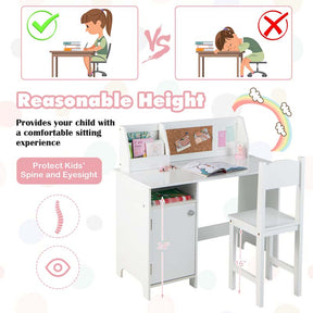 Wooden Kids Study Table and Chair Set with Hutch, Cabinet, Bulletin Board, Student Computer Workstation Writing Table for Bedroom