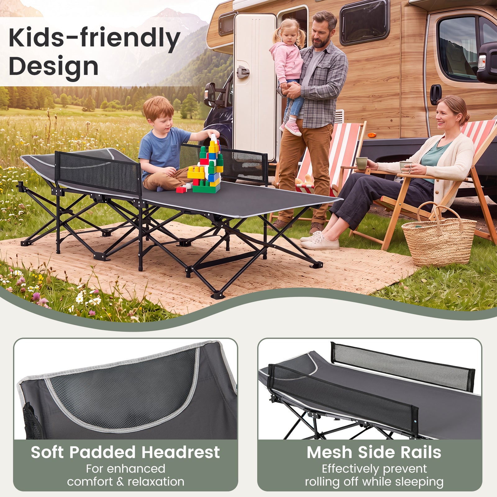 Foldable Camping Cot For Kids, Portable Sleeping Cot , Outdoor Heavy-Duty Metal Frame for Backpacking, Hiking, Beach