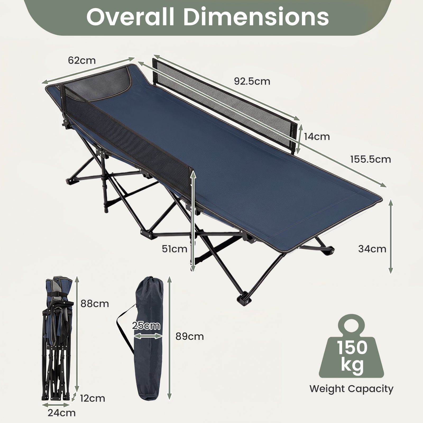 Foldable Camping Cot For Kids, Portable Sleeping Cot , Outdoor Heavy-Duty Metal Frame for Backpacking, Hiking, Beach