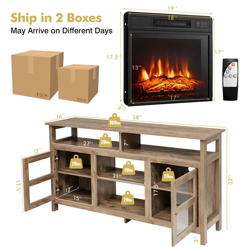 58" Fireplace TV Stand for TVs up to 65" with 18" 1400W 5000 BTU Electric Fireplace Heater Insert Built-in Thermostat, 6H Timer