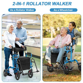 2 in 1 Folding Rollator Walker with Seat & Bag, Aluminum Medical Walker Rolling Transport Chair Mobility Walking Aid