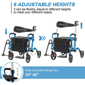 2 in 1 Folding Rollator Walker with Seat & Bag, Aluminum Medical Walker Rolling Transport Chair Mobility Walking Aid