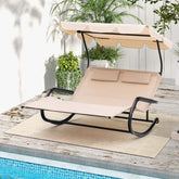 2-Person Outdoor Patio Lounge Chair with Adjustable Canopy, Wheels & 2 Detachable Pillows, Double Rocking Chaise Bed for Backyard & Poolside