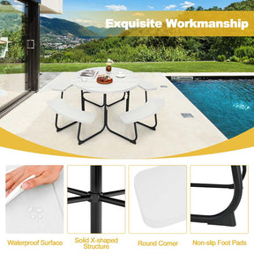 8 Person HDPE Outside Table & Bench Set, Outdoor Round Picnic Table with 4 Built-in Benches, Umbrella Hole, Metal Frame