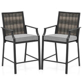 Outdoor Metal Bar Stools Set of 2 with Rattan Back, Armrest, Fabric Seat & Cushions, Counter Height Patio Bar Chairs for Poolside, Porch, Backyard