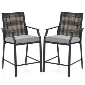 Outdoor Metal Bar Stools Set of 2 with Rattan Back, Armrest, Fabric Seat & Cushions, Counter Height Patio Bar Chairs for Poolside, Porch, Backyard