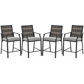 Outdoor Metal Bar Stools Set of 2 with Rattan Back, Armrest, Fabric Seat & Cushions, Counter Height Patio Bar Chairs for Poolside, Porch, Backyard