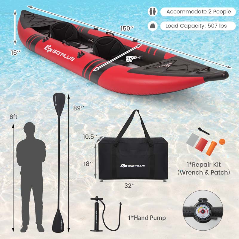 Goplus Inflatable Kayak, 2-Person Kayak Set for Adults with 507 LBS Weight  Capacity, 2 Aluminium Oars, EVA Padded Seat, 2 Fins, Hand Pump, Carry Bag