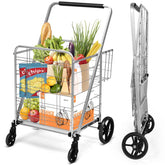 330 LBS Capacity Foldable Jumbo Shopping Cart w/360 Rolling Swivel Wheels, Double Basket, Heavy Duty Folding Utility Cart for Grocery Laundry Luggage