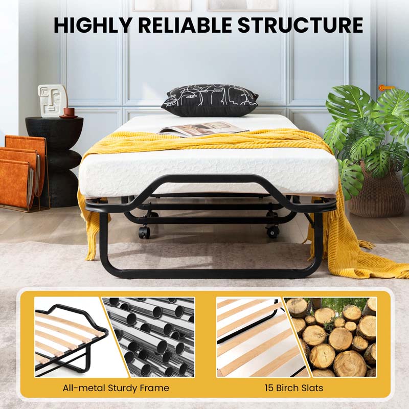 78.5" x 31" Folding Bed with 4" Memory Foam Mattress & Lockable Wheels, Portable Cot Size Rollaway Guest Bed for Adult