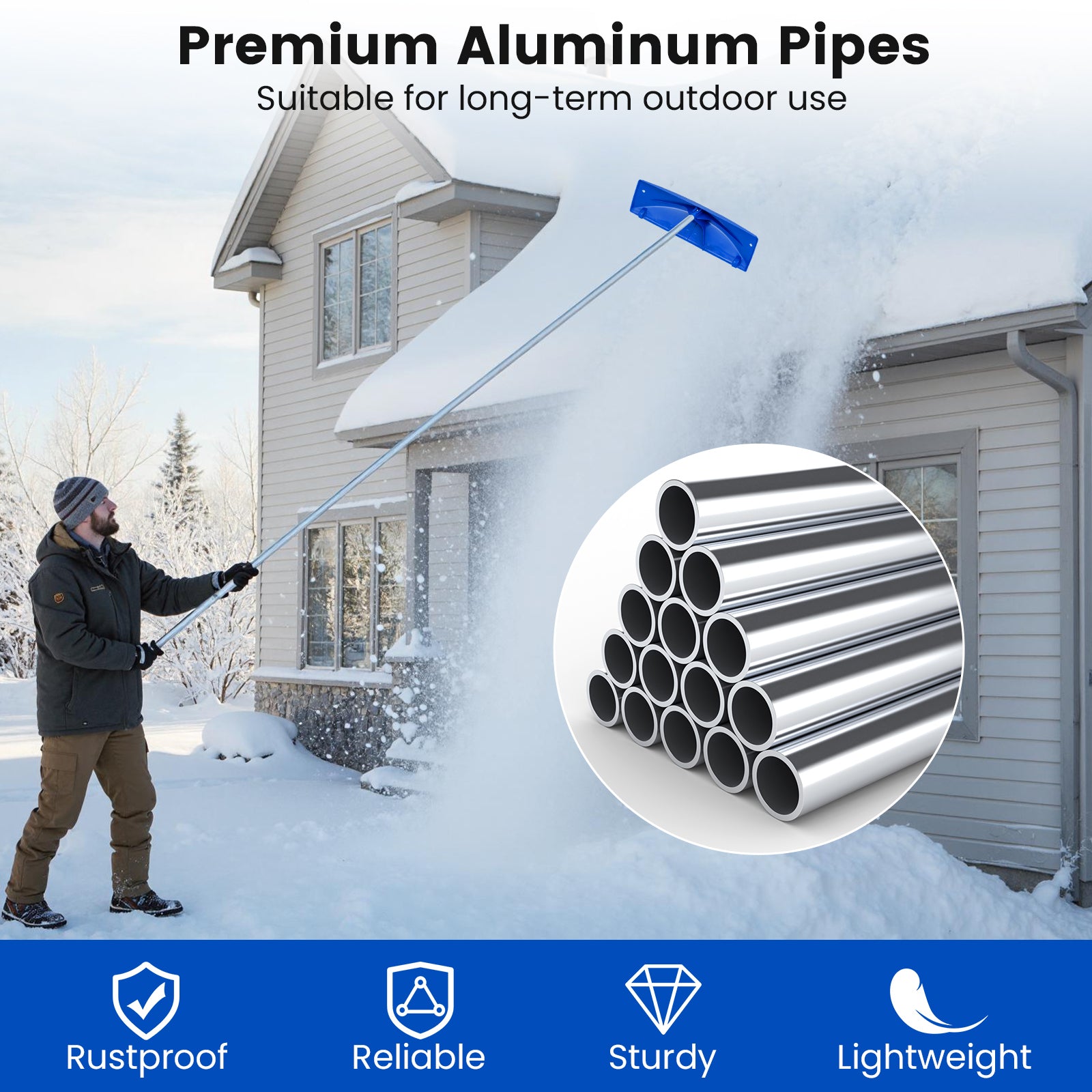 Snow Roof Rake, 3.4-20 FT Extendable Snow Removal Tool with 24" Wide Blade & Wheels, Lightweight Scratch-Proof Aluminum House Rooftop Rake for Leaves Debris Removal