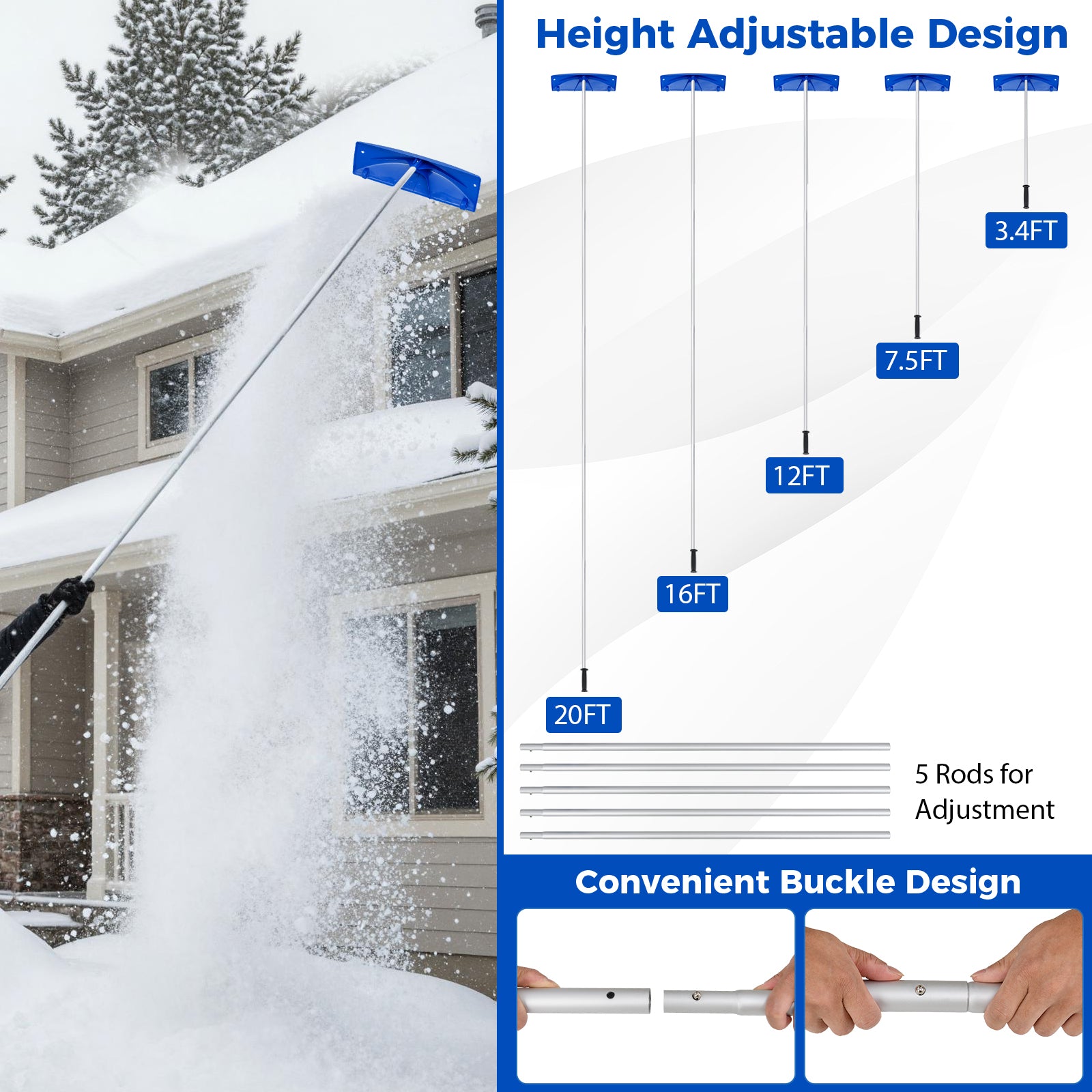 Snow Roof Rake, 3.4-20 FT Extendable Snow Removal Tool with 24" Wide Blade & Wheels, Lightweight Scratch-Proof Aluminum House Rooftop Rake for Leaves Debris Removal