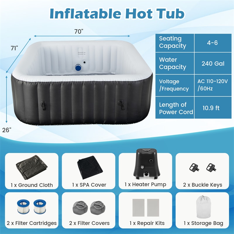 2-6 Person Inflatable Hot Tub with 110/130 Soothing Air Jets, Heater Pump & Cover, Portable Outdoor Water Spa Tub for Backyard