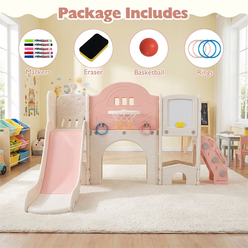 10 in 1 Toddler Slide Set, Kids Slide and Climber Playset with Magnetic Whiteboard, Basketball Hoop & Ring Toss, Indoor Playground for Ages 3+