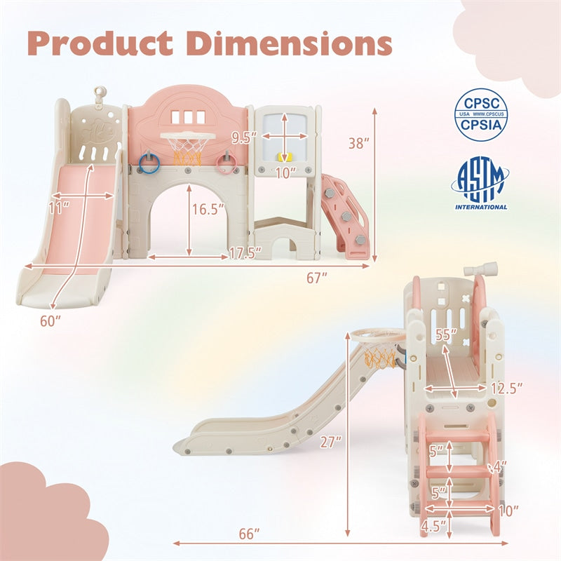 10 in 1 Toddler Slide Set, Kids Slide and Climber Playset with Magnetic Whiteboard, Basketball Hoop & Ring Toss, Indoor Playground for Ages 3+