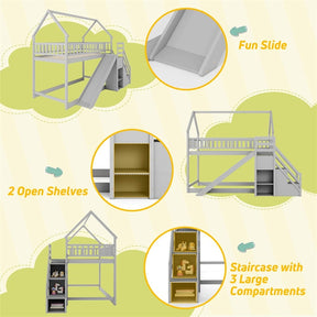 Twin Over Twin Bunk Bed House Design with Slide, Staircases & Storage Compartments, No Box Spring Needed, Wood Twin Floor Bed for Kids Teens