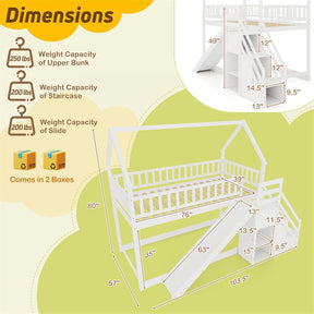 Twin Over Twin Bunk Bed House Design with Slide, Staircases & Storage Compartments, No Box Spring Needed, Wood Twin Floor Bed for Kids Teens