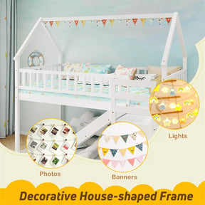 Twin Over Twin Bunk Bed House Design with Slide, Staircases & Storage Compartments, No Box Spring Needed, Wood Twin Floor Bed for Kids Teens