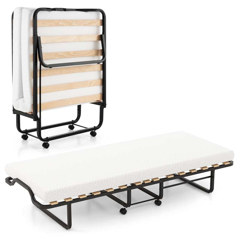 78.5" x 31" Folding Bed with 4" Memory Foam Mattress & Lockable Wheels, Portable Cot Size Rollaway Guest Bed for Adult