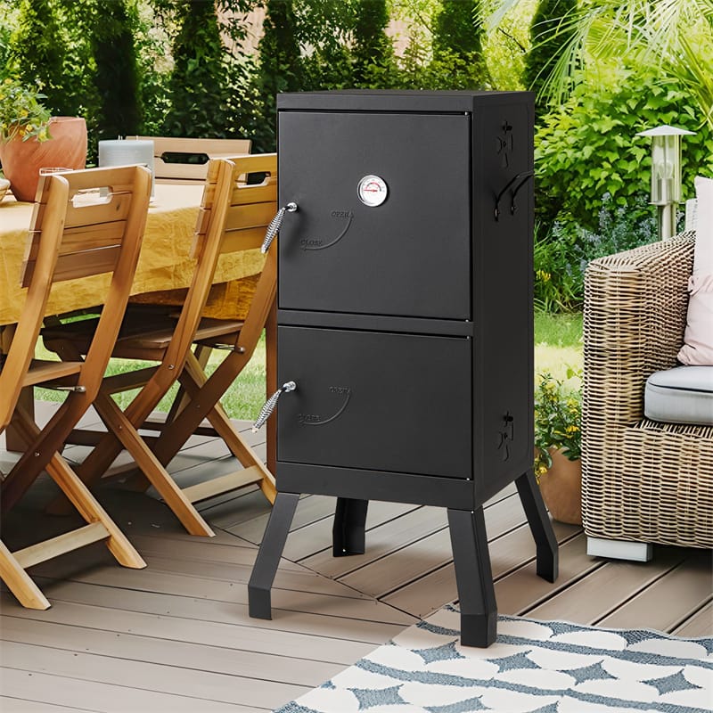 Vertical Charcoal Smoker with Double Doors, Thermometer, Adjustable Air Vents & Water/Charcoal Pans, Outdoor BBQ Smoker for Camping Backyard Grill