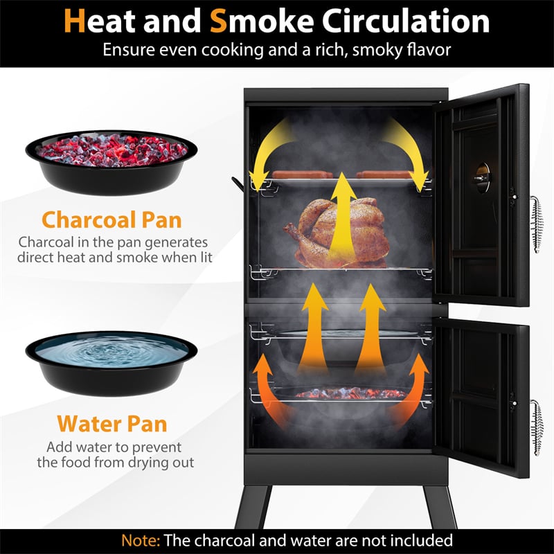 Vertical Charcoal Smoker with Double Doors, Thermometer, Adjustable Air Vents & Water/Charcoal Pans, Outdoor BBQ Smoker for Camping Backyard Grill
