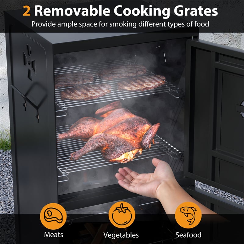 Vertical Charcoal Smoker with Double Doors, Thermometer, Adjustable Air Vents & Water/Charcoal Pans, Outdoor BBQ Smoker for Camping Backyard Grill