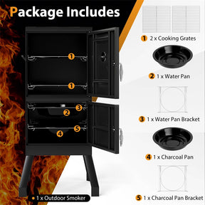 Vertical Charcoal Smoker with Double Doors, Thermometer, Adjustable Air Vents & Water/Charcoal Pans, Outdoor BBQ Smoker for Camping Backyard Grill