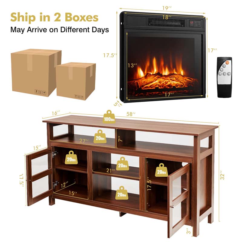 58" Fireplace TV Stand for TVs up to 65" with 18" 1400W 5000 BTU Electric Fireplace Heater Insert Built-in Thermostat, 6H Timer