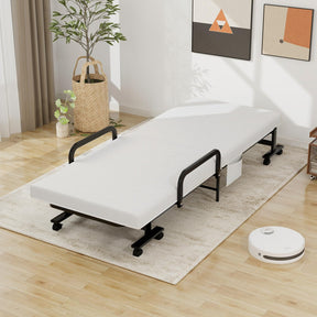 Folding Rollaway Bed with Mattress for Adult, Portable Guest Bed Frame with Adjustable 6 Position & Side Storage Pocket