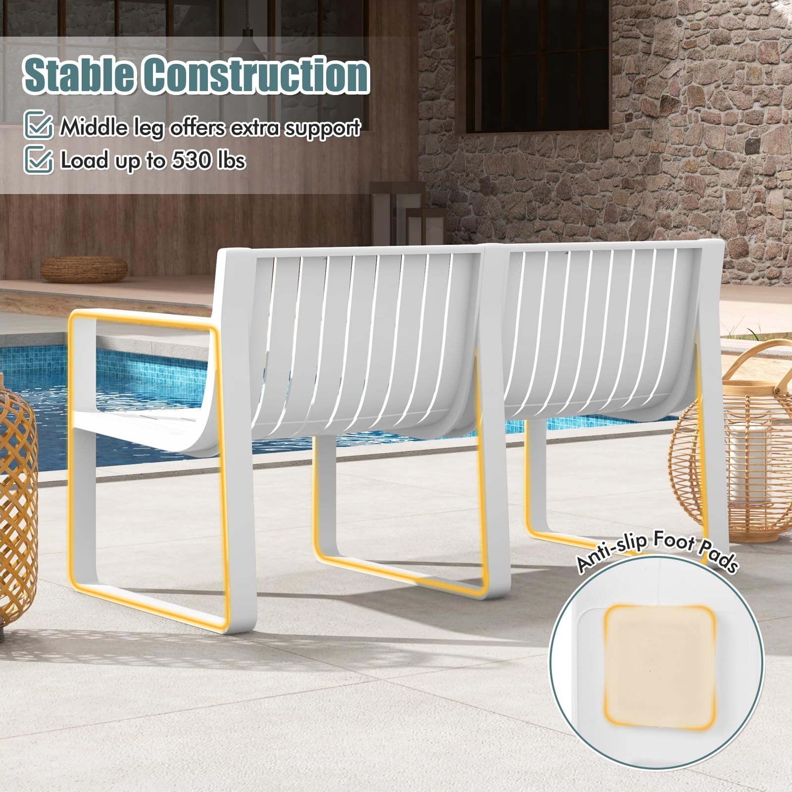 Outdoor Weather-Resistant 2-Person Bench with Curved Backrest, Slatted Design Plastic Loveseat for Patio Poolside Backyard Garden Deck Lawn