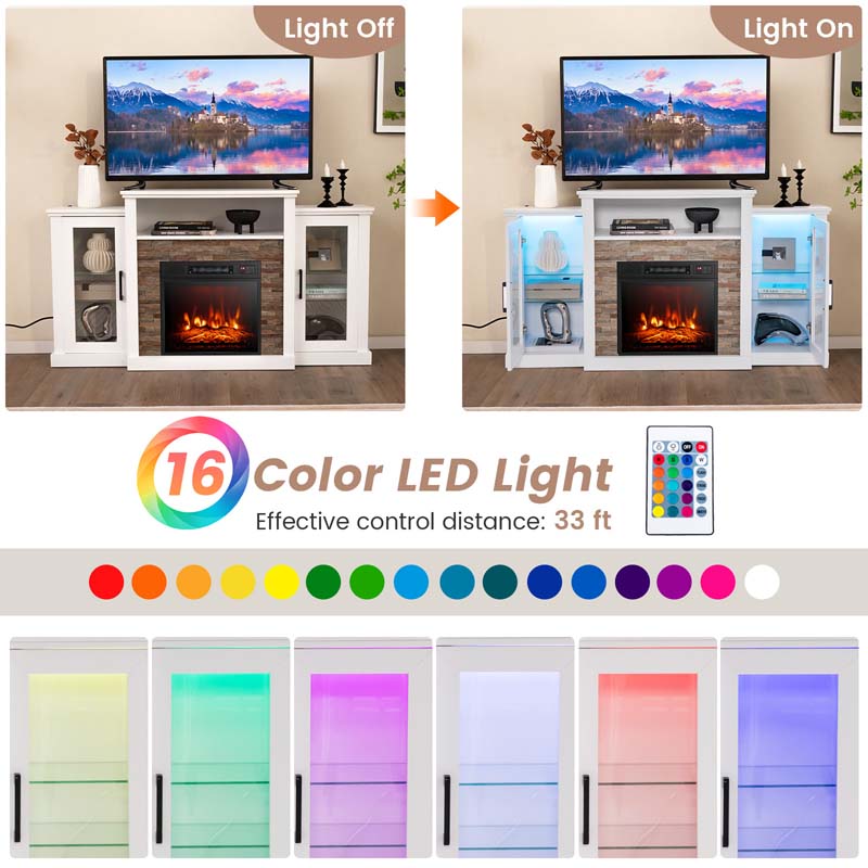 Fireplace TV Stand with 16 Color LED Lights for TVs up to 65", TV Console Entertainment Center with 18" Electric Fireplace Insert