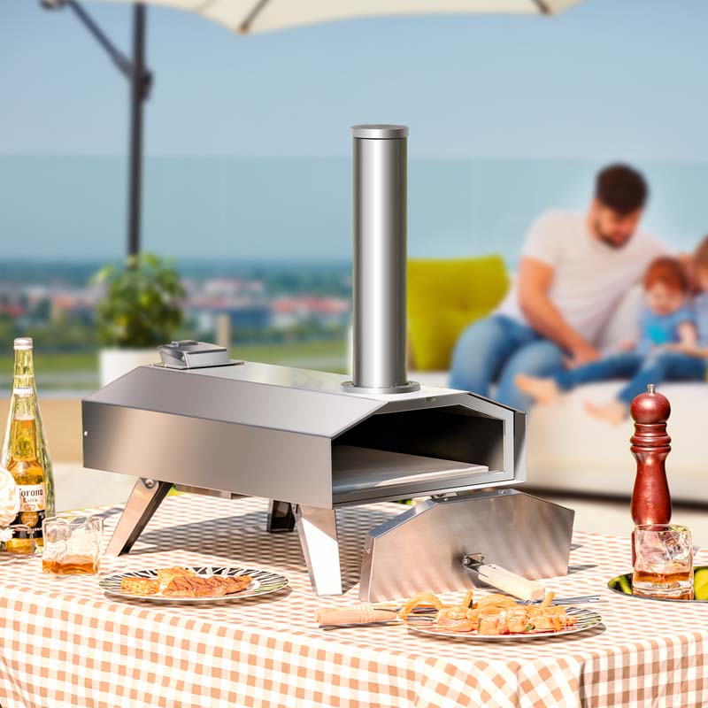 Wood Pellet Fired Outdoor Pizza Oven with 12'' Pizza Ston & Foldable Legs, Portable Stainless Steel Pizza Maker for Camping Picnic