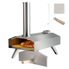 Wood Pellet Fired Outdoor Pizza Oven with 12'' Pizza Ston & Foldable Legs, Portable Stainless Steel Pizza Maker for Camping Picnic