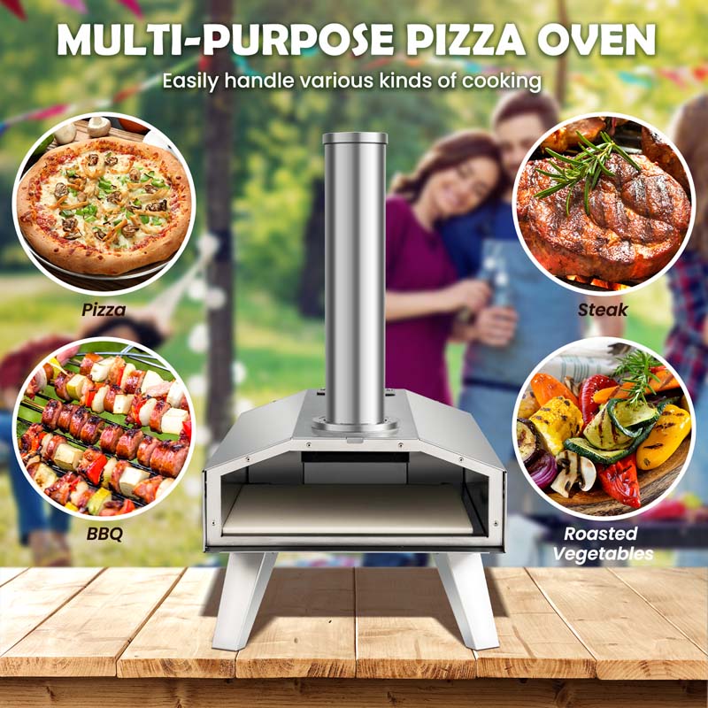 Wood Pellet Fired Outdoor Pizza Oven with 12'' Pizza Ston & Foldable Legs, Portable Stainless Steel Pizza Maker for Camping Picnic