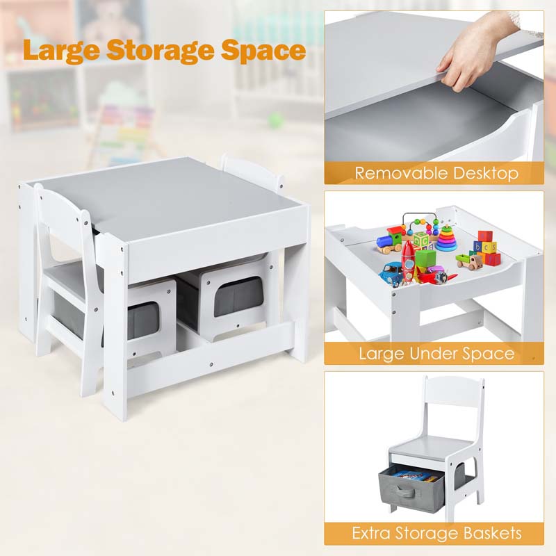 3-in-1 Kids Wood Table Chairs Set with Blackboard & Storage Drawers, Children Multi Activity Table for Learning Playing Drawing