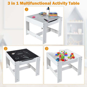 3-in-1 Kids Wood Table Chairs Set with Blackboard & Storage Drawers, Children Multi Activity Table for Learning Playing Drawing