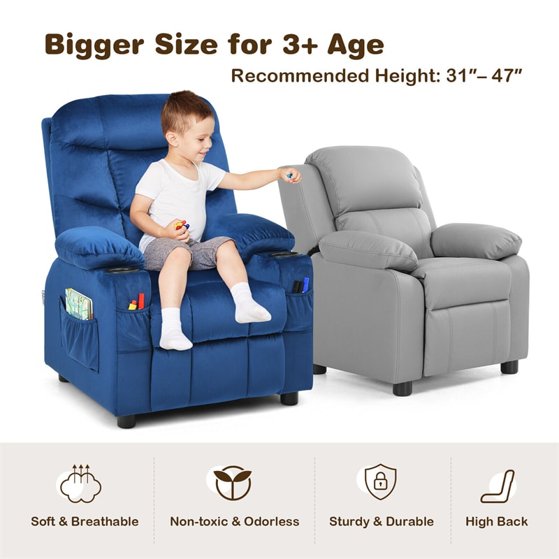 Kids Recliner Chair Adjustable Velvet Lounge Sofa with Cup Holders, 3 Pockets, Retractable Footrest, Toddler Furniture Sofa for Boys Girls Room